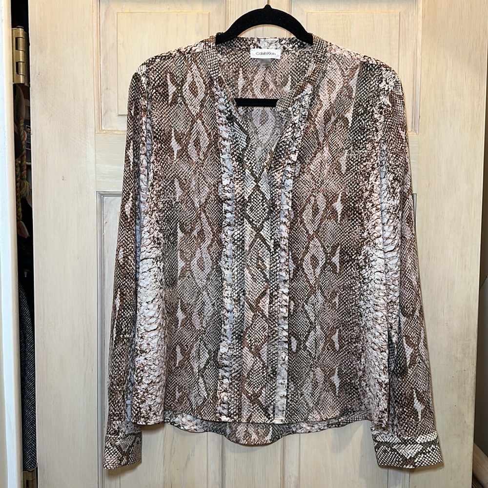 Calvin Klein | Snake Print Blouse with Gold Buttons and Pleated Details